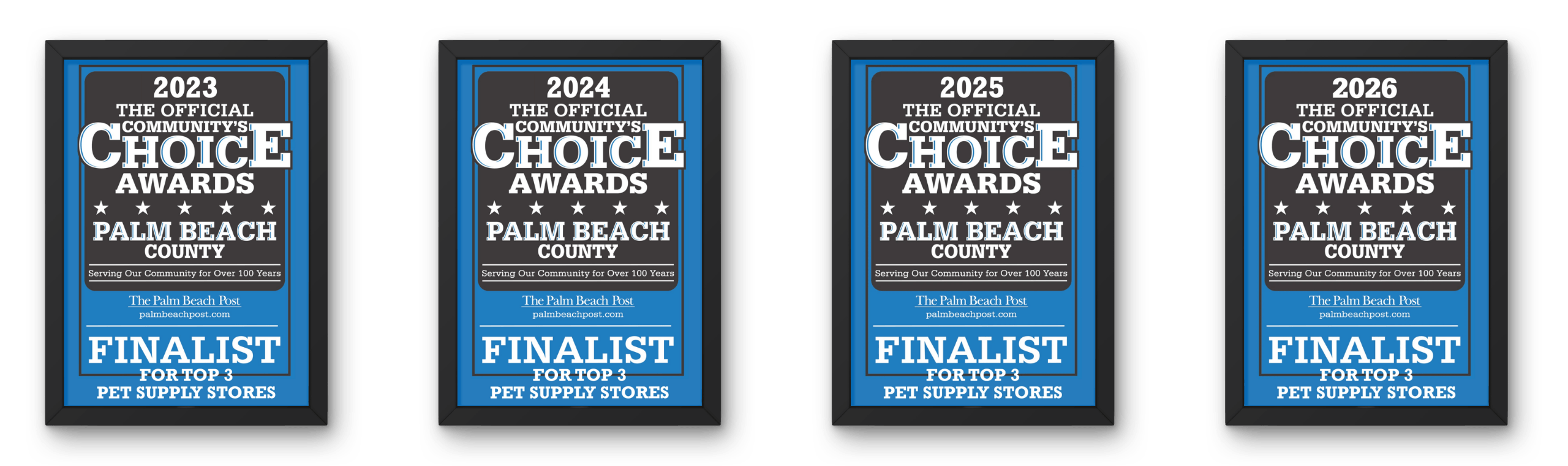 JUPdog Palm Beach County Community Choice Awards finalist plaques from 2023 through 2026